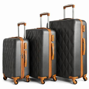 Lot de 3 valises rigides ABS anthracite avec details orange, taille cabine, moyenne et grande, roues pivotantes,